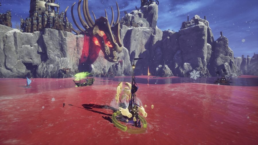 Warship sailing a crimson sea beneath a skeletal dragon fortress