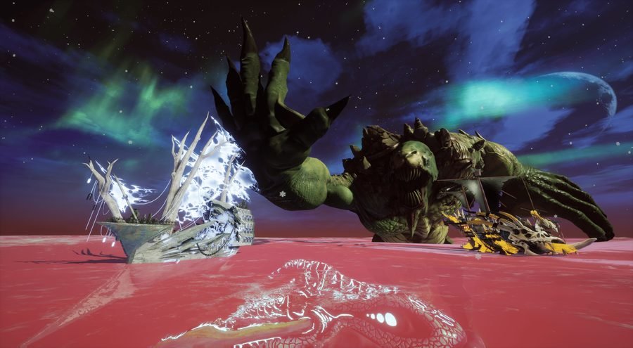 Colossal sea monster attacking ghost ships under an aurora night sky