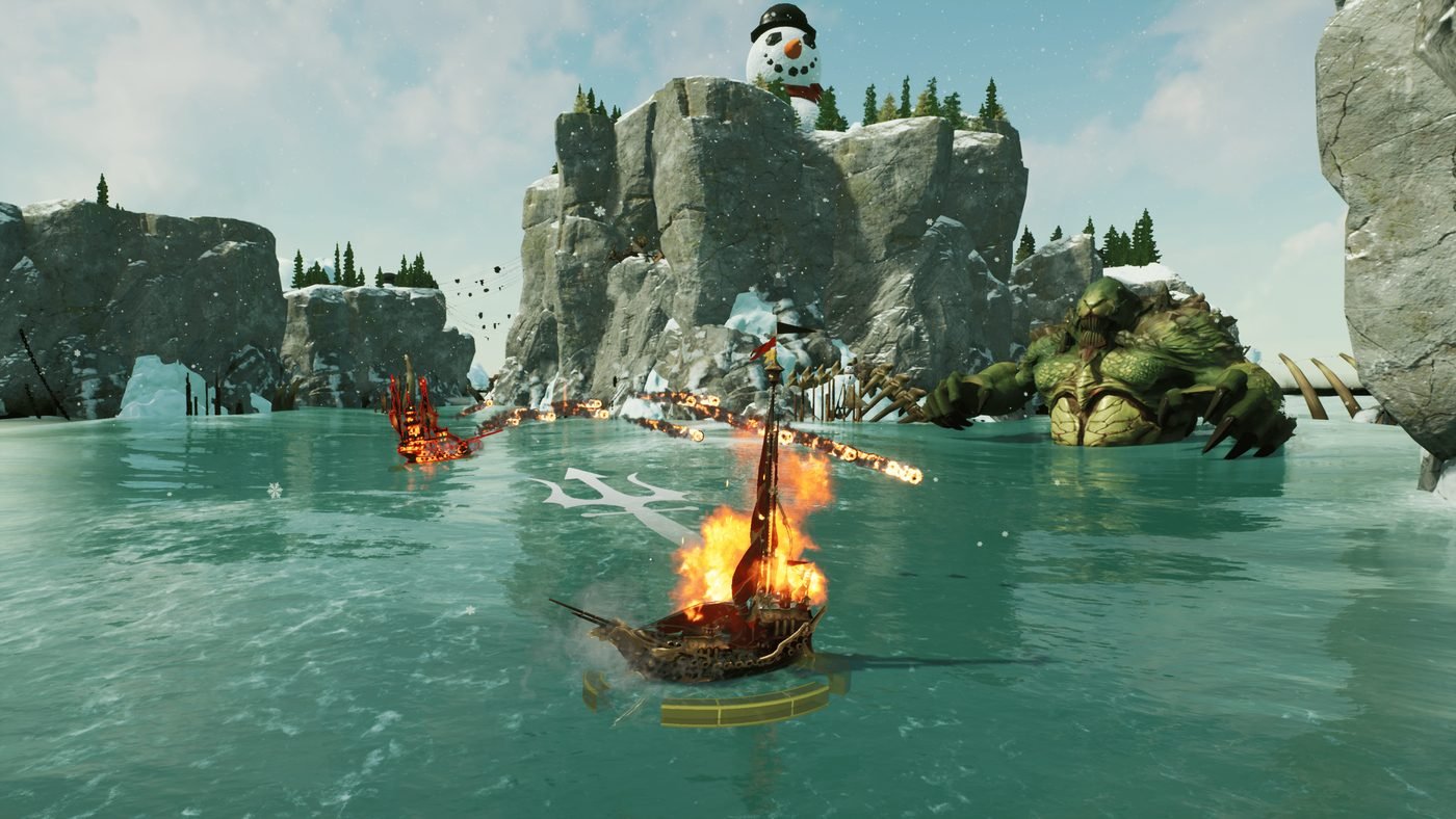 Multiplayer naval combat gameplay — a burning warship trading cannon fire across a turquoise bay