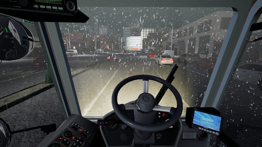 Night-time snow driving scenario from the truck cab with working navigator screen