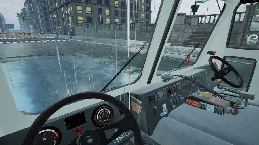 Truck cabin view driving through a rainy city intersection in the simulator