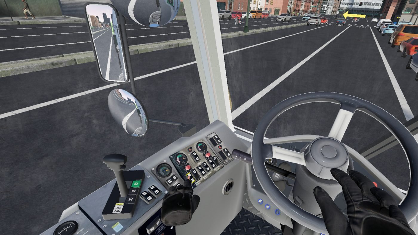 VR truck-driving simulator — motion-tracked hands on the wheel of a detailed interactive truck cabin in city traffic