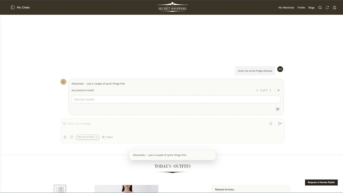 Ellie, the Haute Secret Shoppers AI stylist, asking clarifying questions during a fringe-dress search