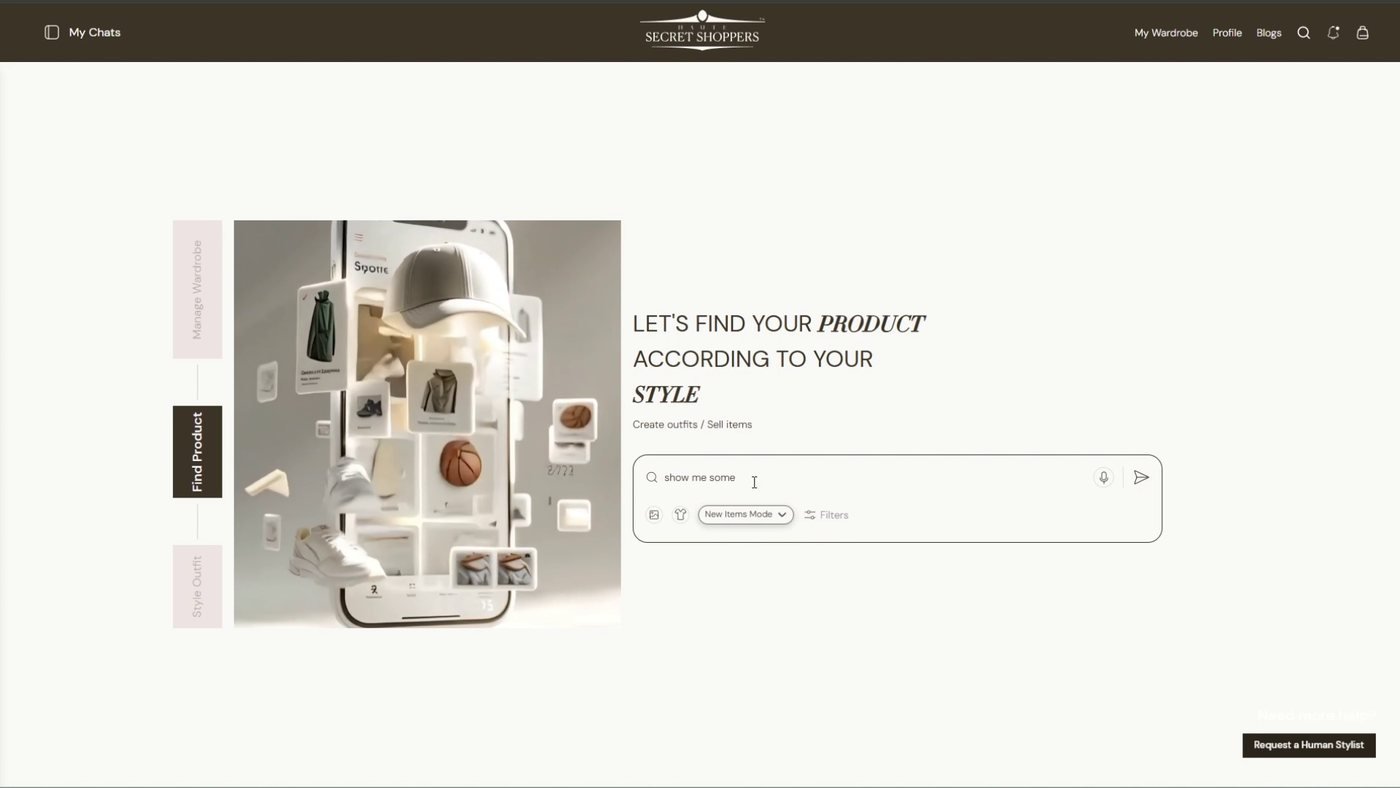 Haute Secret Shoppers AI stylist — landing screen with the prompt bar inviting shoppers to find products by style
