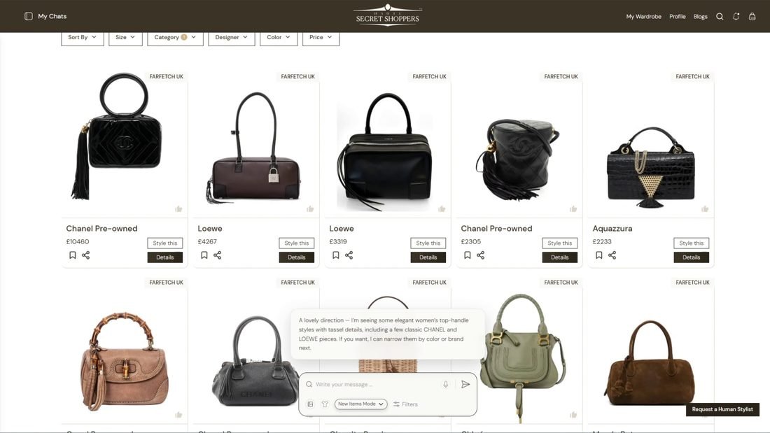 Preloved and new designer bags mixed in one AI-curated result set on Haute Secret Shoppers