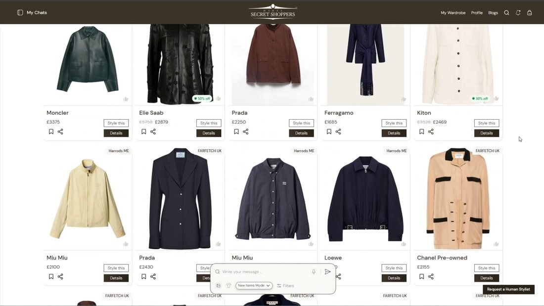 AI search results on Haute Secret Shoppers — Moncler, Elie Saab, Prada, Ferragamo, and Chanel Pre-owned product cards