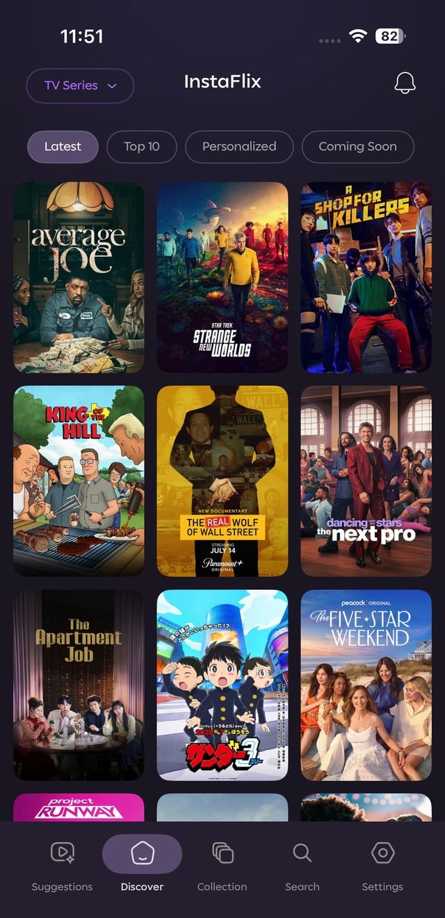 InstaFlix Discover tab — latest TV series poster grid with Top 10 and personalized rows
