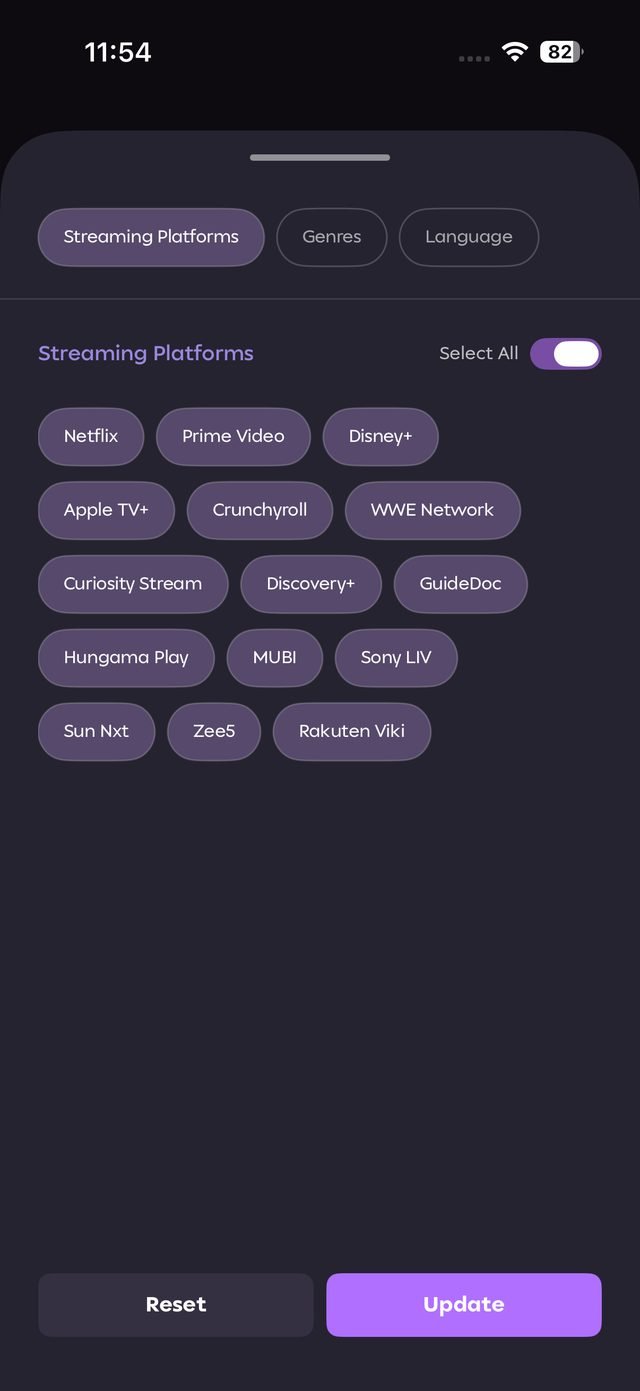 InstaFlix preferences — choosing among fifteen streaming platforms