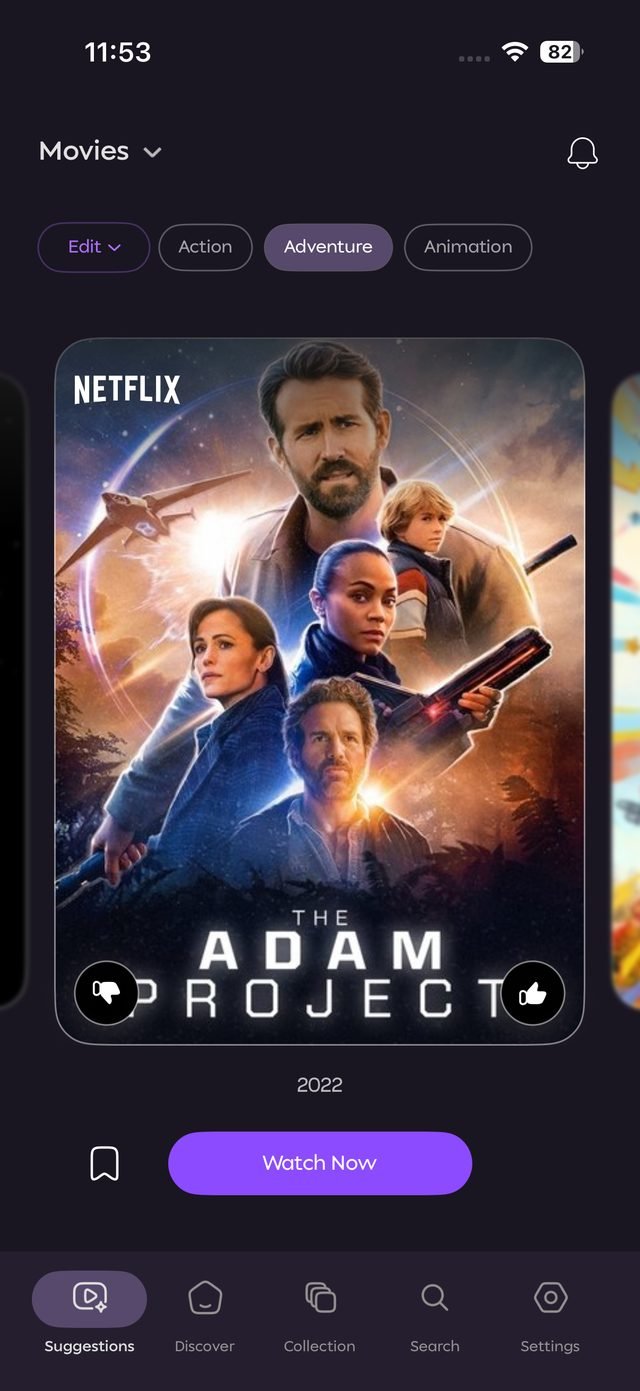 InstaFlix suggestions — AI-picked movie card with like, dislike, and a Watch Now deeplink