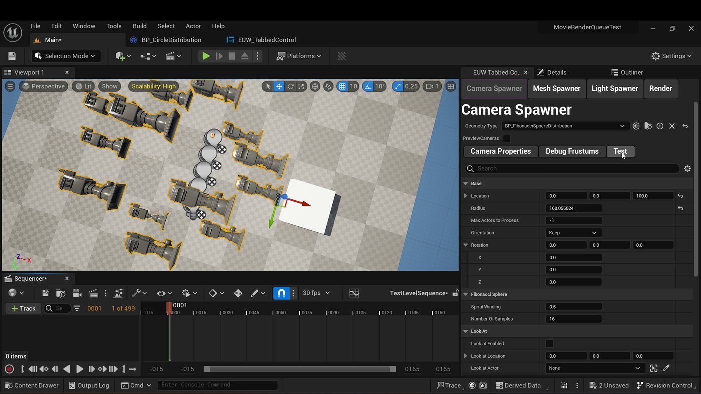 Unreal Engine render-automation tool — Fibonacci-sphere camera array spawned around an asset