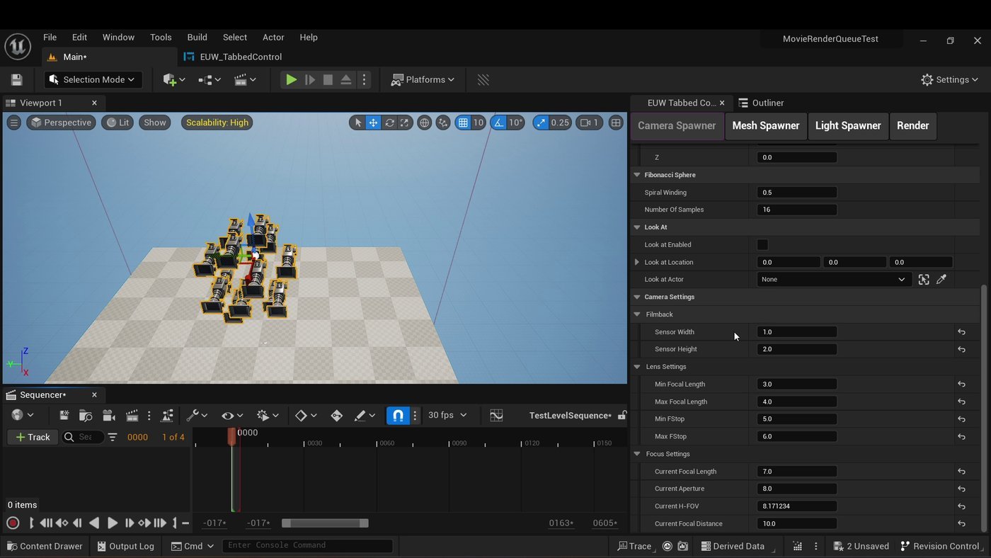 Camera cluster with filmback, lens, and focus settings