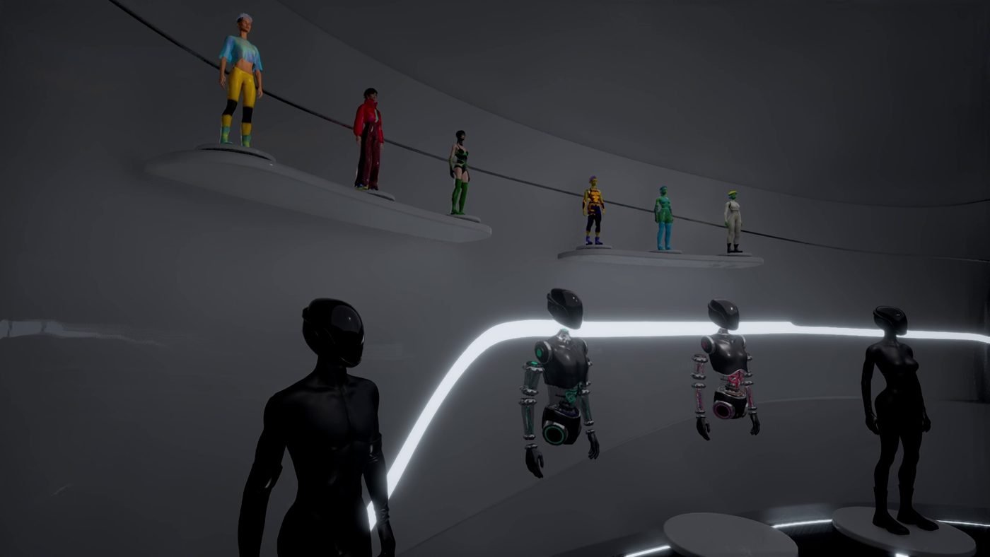 Avatar customization room with character previews on floating shelves